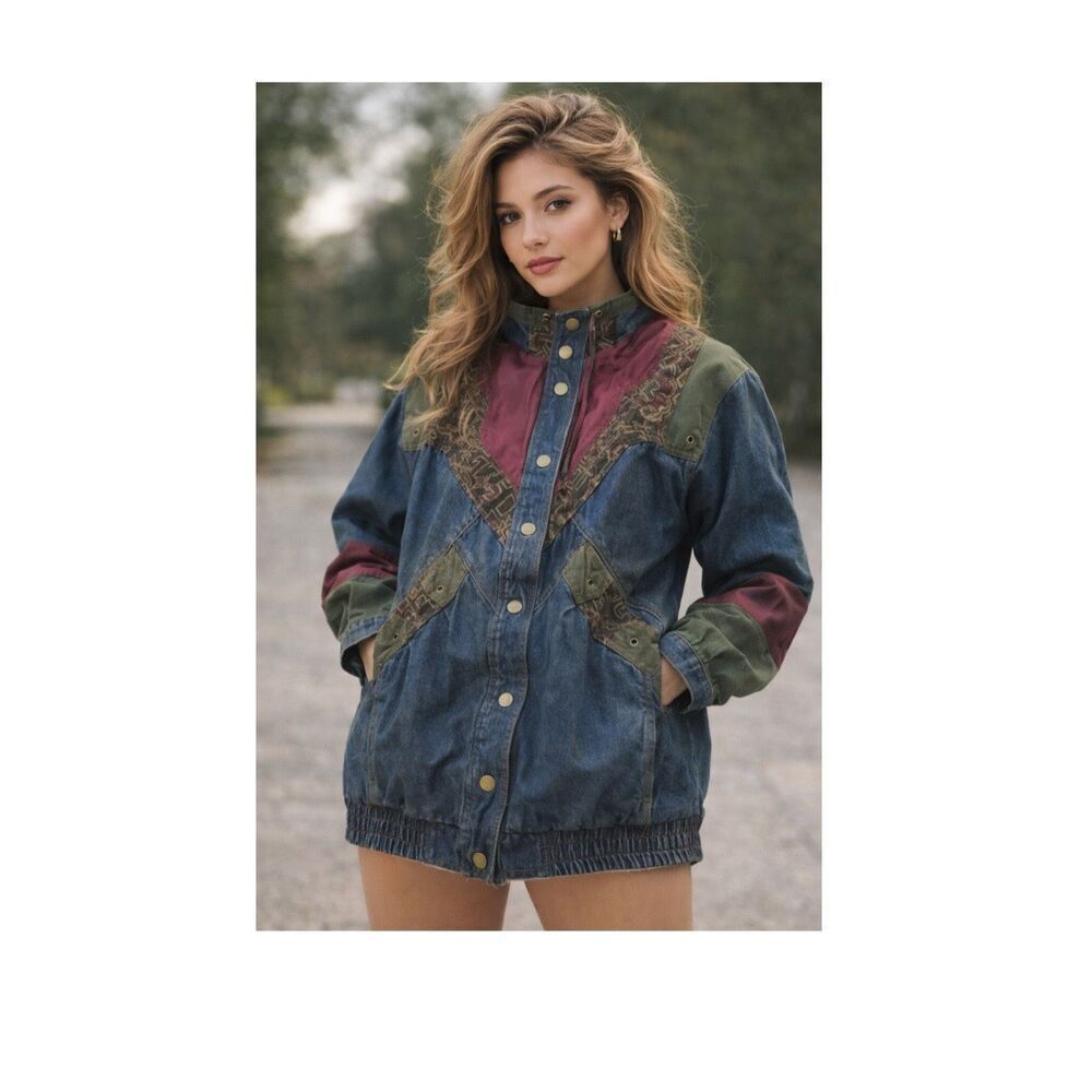 Vintage 90’s women’s size Med denim patchwork coat Aztec inspired